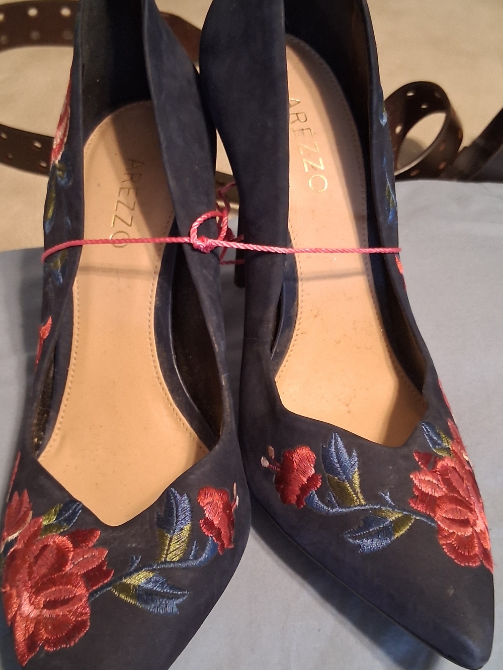 Arezzo Navy Pointed-Toe Heels with Red Floral Embroidery
